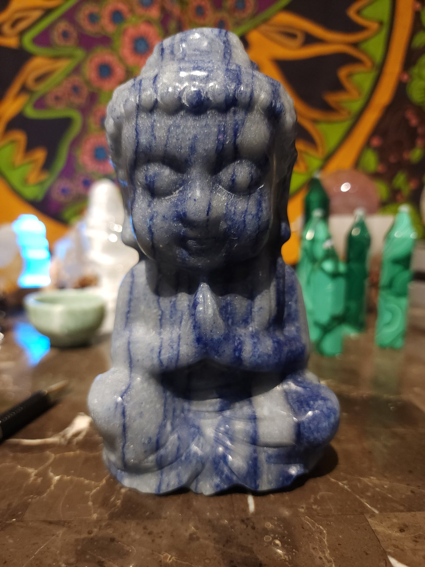 Blue adventurine baby Buddha carving