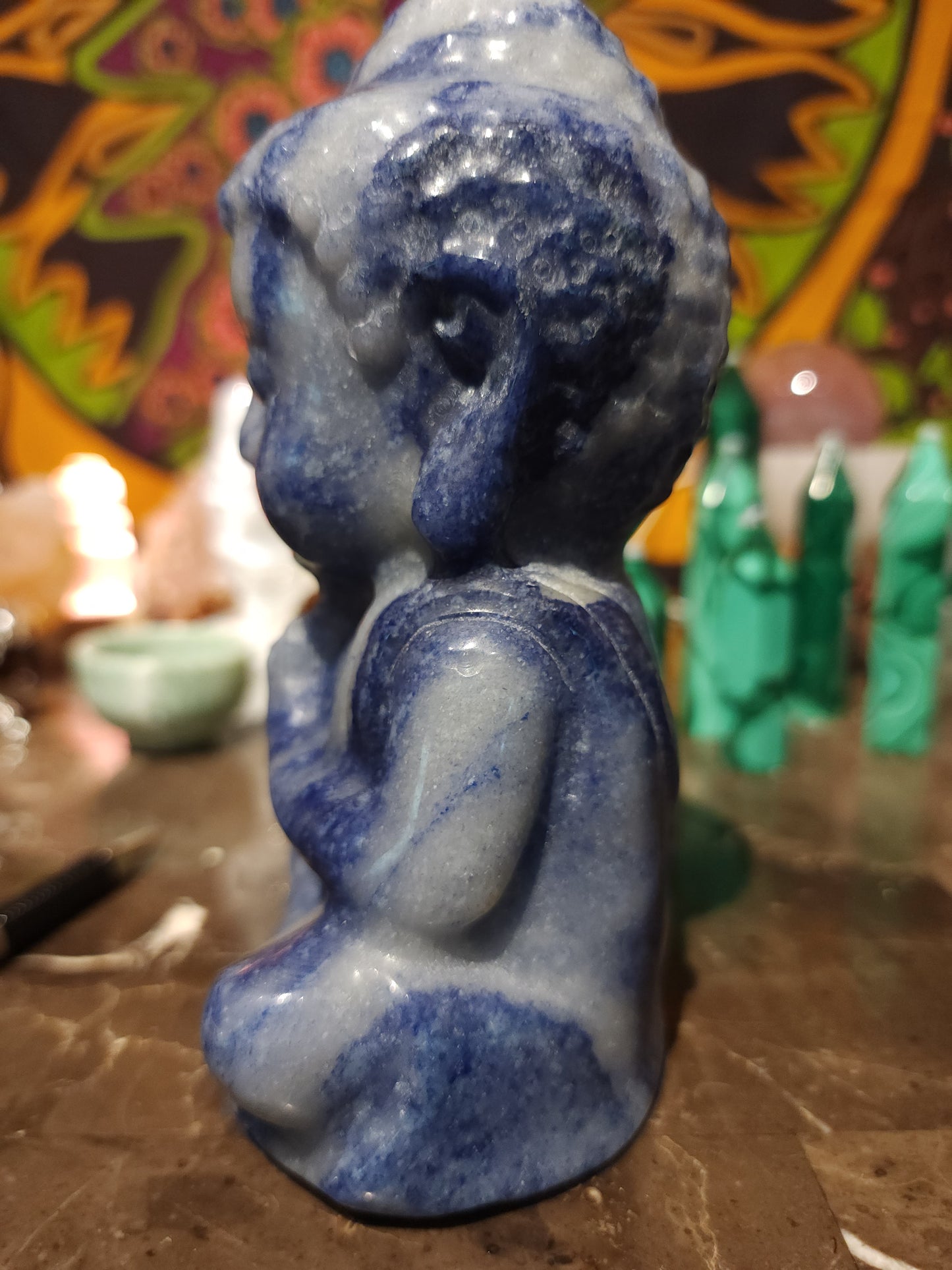 Blue adventurine baby Buddha carving
