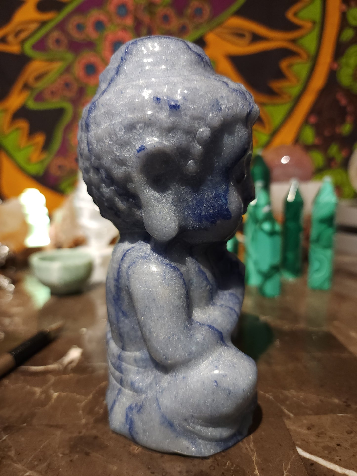 Blue adventurine baby Buddha carving