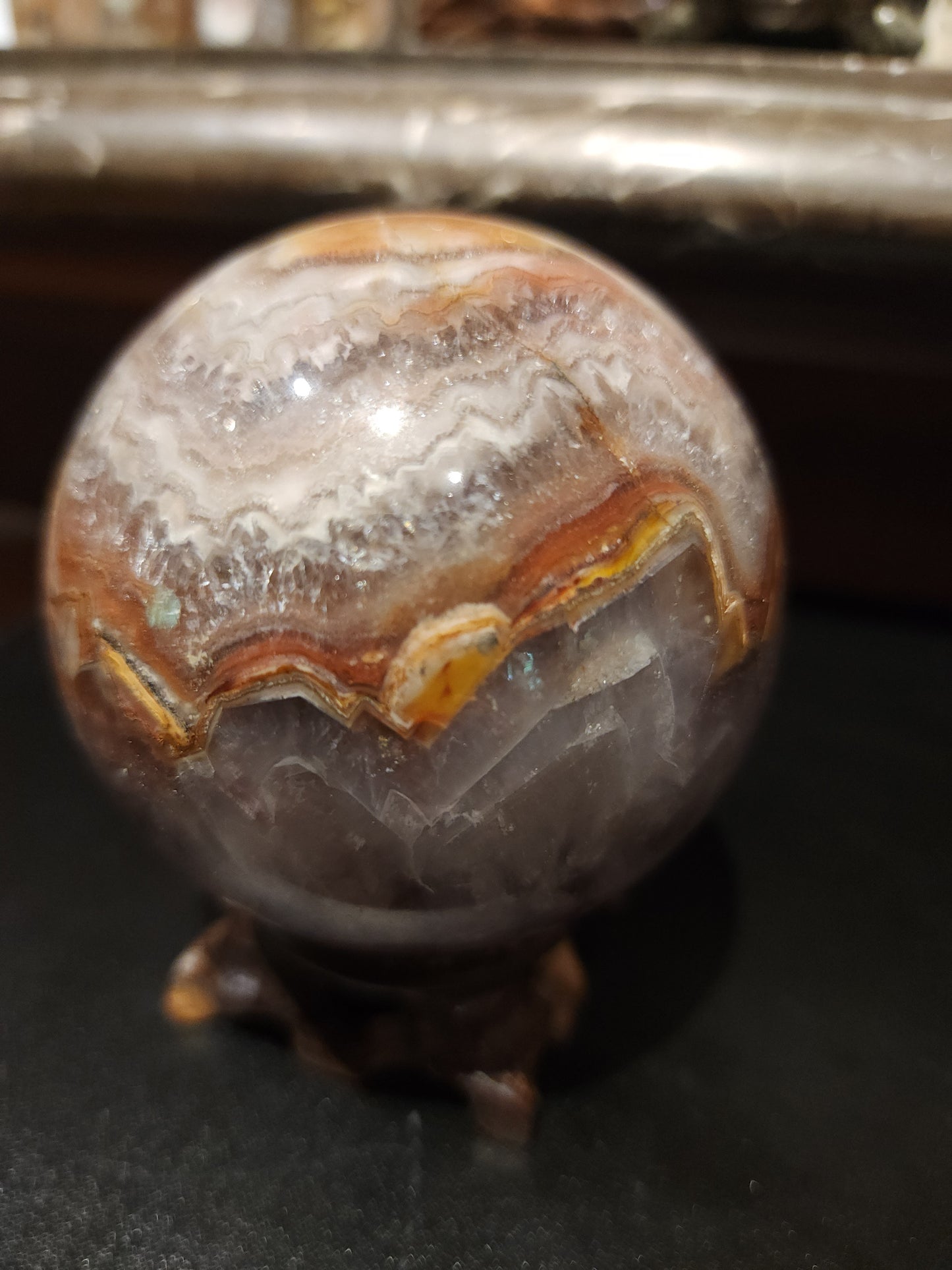 Mexican Crazy Lace agate and Amethyst Sphere