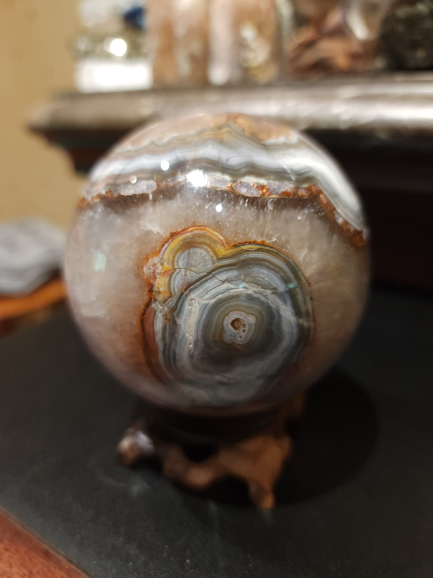 Mexican Crazy Lace agate and Amethyst Sphere