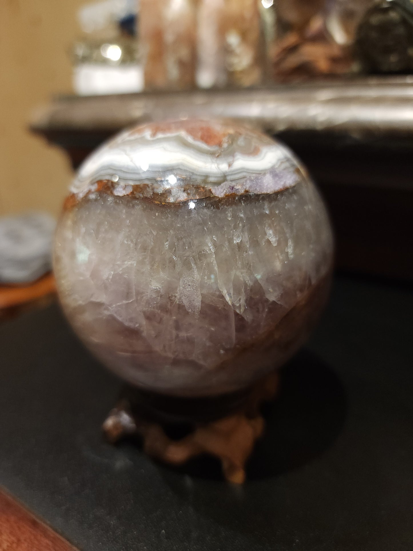 Mexican Crazy Lace agate and Amethyst Sphere