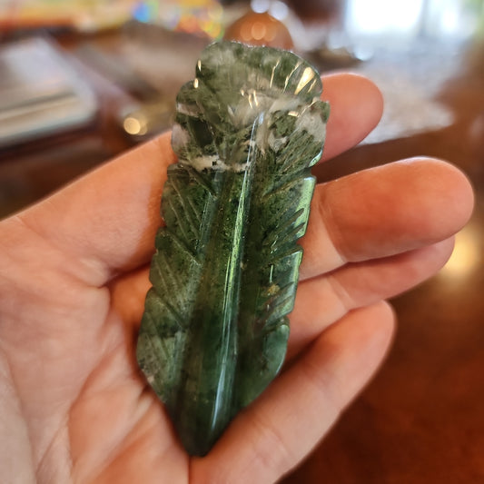 Moss agate feather carving