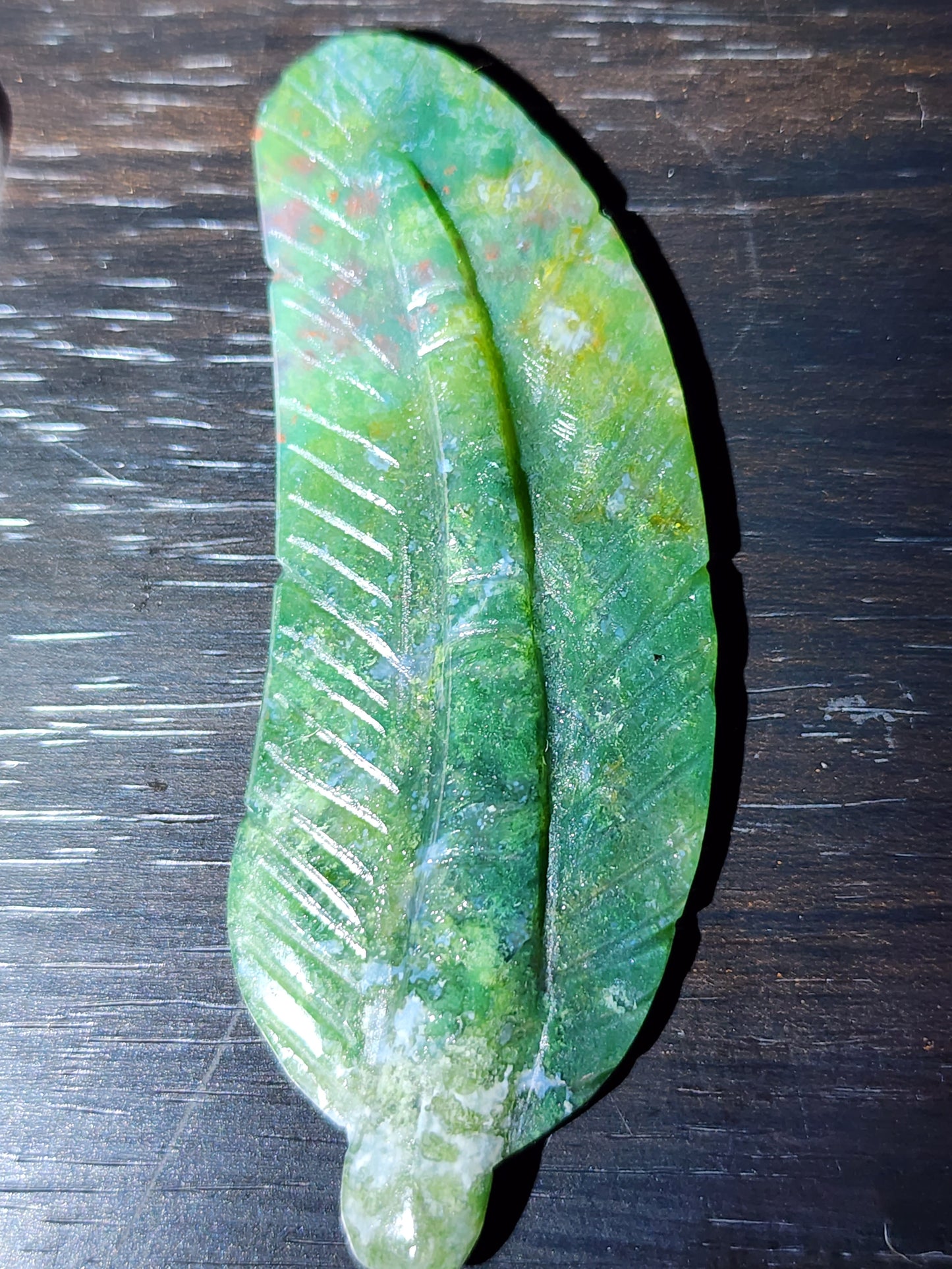 Moss agate/Ocean jasper feather carving