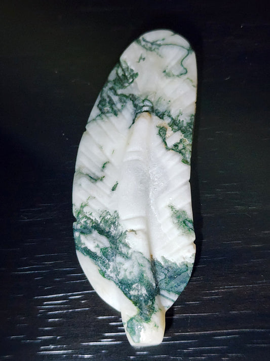 Moss agate feather carving