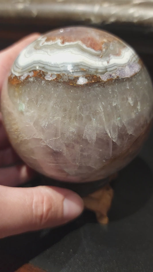 Mexican Crazy Lace agate and Amethyst Sphere